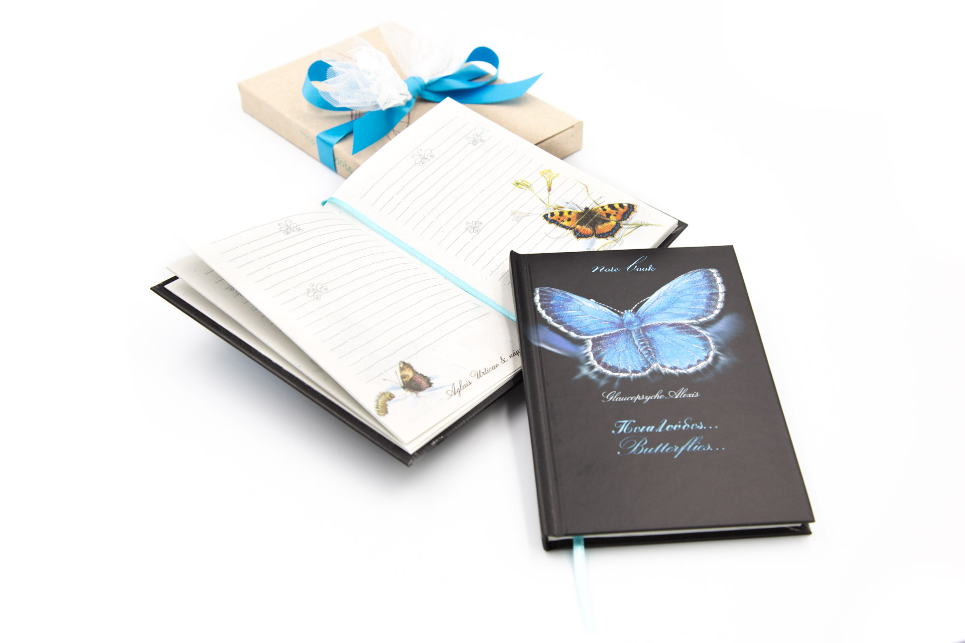 Small notebook "Butterflies" - Front, Spread and Package