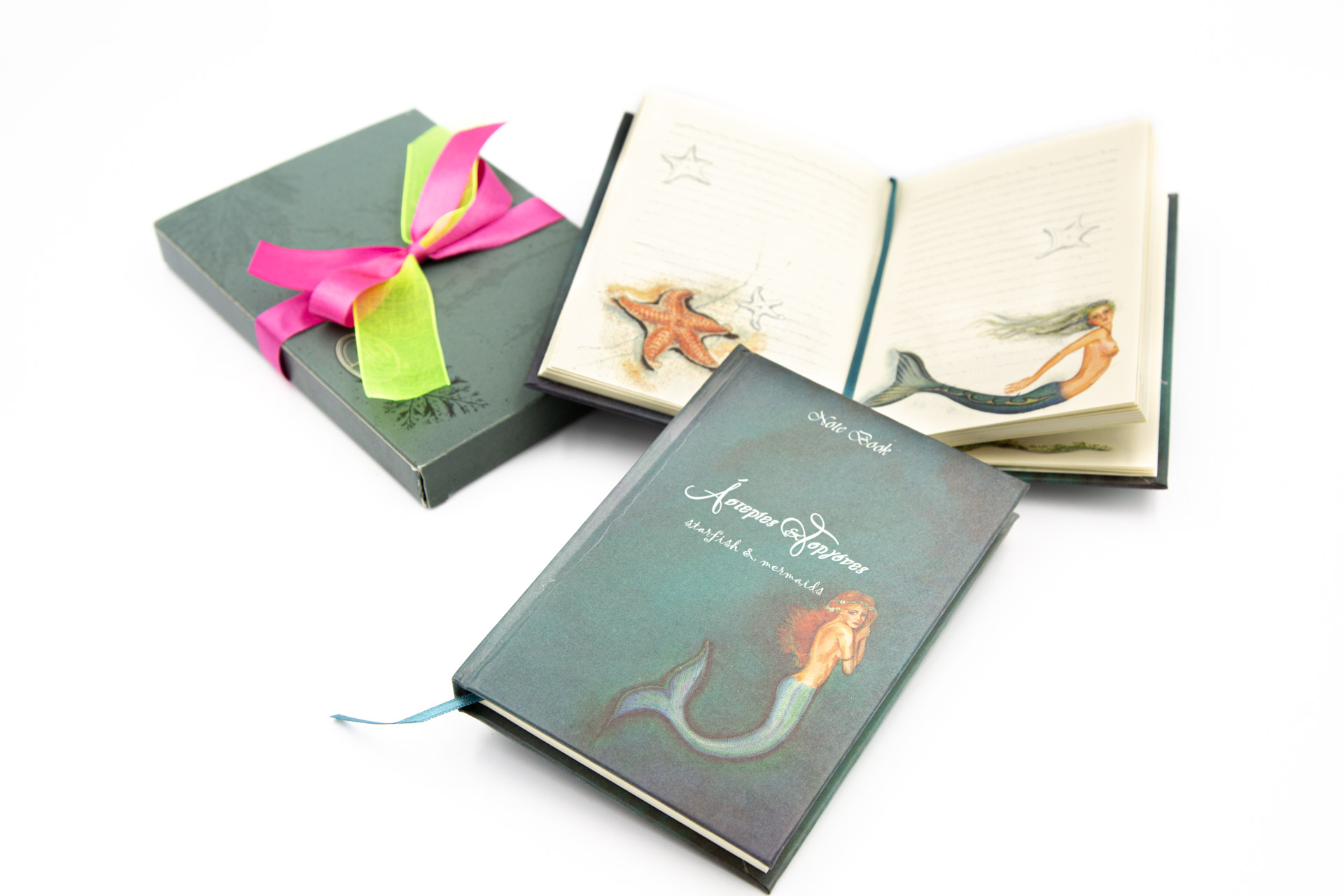 Small notebook "Starfish and Mermaids" - Front, Spread and Package