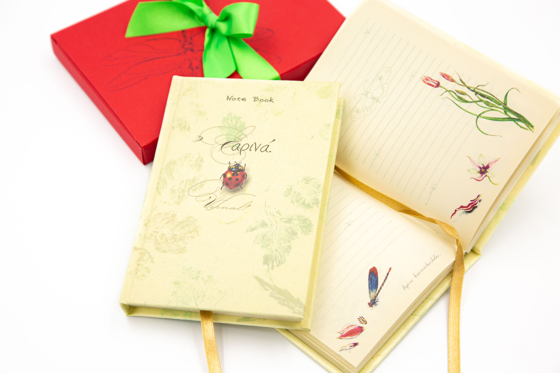 Small notebook "Vernal" - Front, Spread and Package